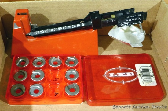 Lee 100 grain reloading scale, reads by 1/10th grain; Lee shell holder set, missing size 2.