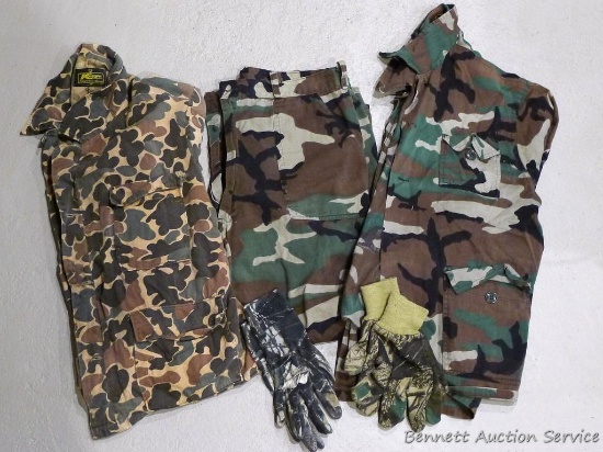 Matching camo pants and shirt; plus another camo shirt and two pair of gloves. Matched set jacket