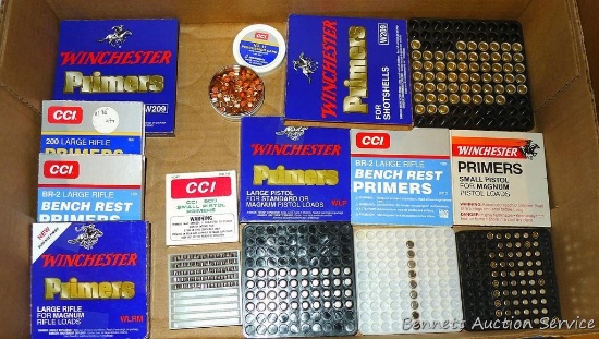 No shipping. Full boxes of primers including Winchester 209, Winchester WLRM, CCI BR-2 large rifle