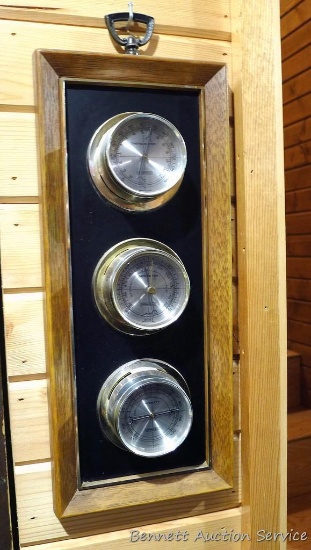 18" wall hung weather station with thermometer, barometer and hygrometer.