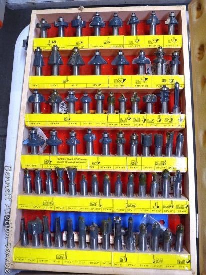Very nice set of MLC Woodworking router bits in wooden case. Some appear to be unused, lots have