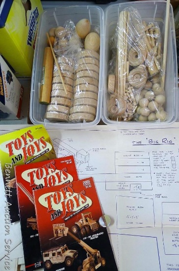 Wheels, dowels, balls, toy patterns, and other woodworking things come is two 6 qt totes. Patterns