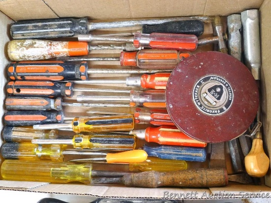 Stanley and other screwdrivers; plus a 100 ft tape measure, more. Screwdrivers are flat headed,
