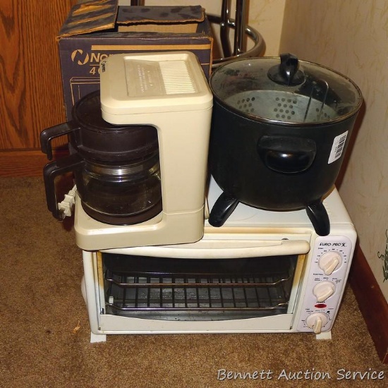 Euro-ProX toaster oven; Presto fryer is 8" high x 9" diameter; Norelco 4 cup coffee maker.