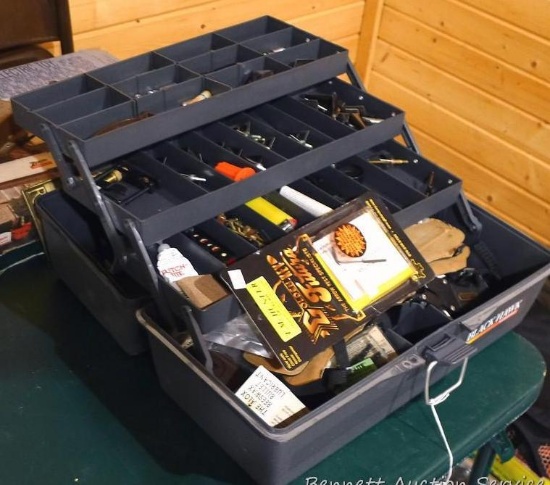 17" lockable Black Hawk Woodstream tackle box filled with broadheads, nocks, string release, bow