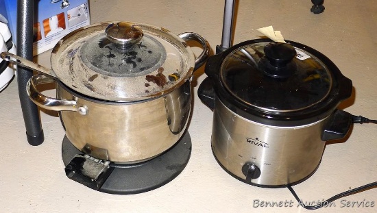 Electric serving piece is complete; smaller 1-1/2 or 2 quart Rival slow cooker. Both work.