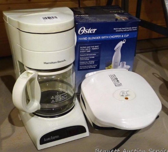 Hamilton Beach 12 cup coffeemaker, George Foreman indoor grilling machine - lights turn on. Oster