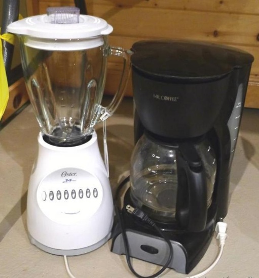 Oster blender, runs; Mr Coffee coffee pot heats. Blender has a nice glass pitcher and is about 14"