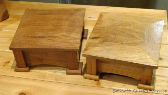 Walnut and Butternut jewelry boxes are 8" x 8" x 4". Handmade in 2009 by Ed Olson.