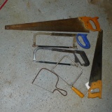 Several saws including coping, cross cut and hack saws. Longest is about 30