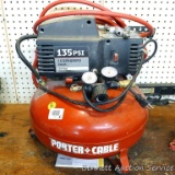 6 gallon Porter-Cable 135 psi oil-free pancake air compressor, runs. Model No is CFBN125N-1; and is