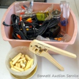 Radio Shack battery clips; audio/video cables; stripper/cutter; plastic 7/16