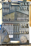 Power drill accessories including drill bits, screw driver bits, metric nut drivers all in storage
