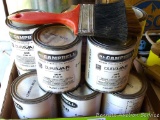 Eleven quarts of M.L. Campbell DuraVar satin wood finish C142 14; two paint brushes.