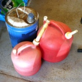 Five gallon gas tote; 2-1/2 gallon gas tote; 5 gallon blue gas can.