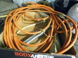 Power strip, extension cords, and shelf brackets. Extension cords are in good condition.