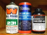 No shipping. Three partial containers of Winchester Western, Hercules Blue Dot and Hodgdon gun