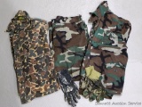 Matching camo pants and shirt; plus another camo shirt and two pair of gloves. Matched set jacket