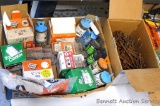 Several boxes of nails, screws, wire brads, hex nuts, more. Longest nails are 2-9/16