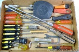 Stanley and other screwdrivers and tape measure. Screwdrivers include flat, Philips, and others.