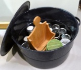 Very large enameled canner, napkin holder, 1/2 pint and jelly jars, more. Canner is about 16-1/2 x