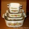 Nice set of CorningWare baking dishes in the Autumn Harvest or vegetable pattern. Largest is 10