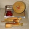 Wooden mashers and reamers, well worn pestle; porcelain insulator is marked Lapp 1928; cheese box is