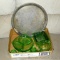 Green Depression glass pieces include relish dish, furniture feet, soap dish, refrigerator dish
