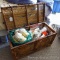 Vintage wicker chest comes with 8 skeins of Lion Brand Wool-Ease Natural Heather yarn; crochet