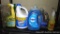 Full and mostly full bottles of Dawn dish soap, Clorox bleach, Bath & Kitchen cleaner, Tilex daily