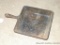 No 8 square cast iron skillet is marked SQSK, Made in USA, and D. Measures 9-3/4
