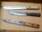 Three antique high carbon steel butcher knives, longest is 14