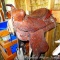 Older tooled leather Western saddle has a 14-1/2
