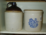 Stoneware crock with blue floral design is marked USA, stands 7-1/2