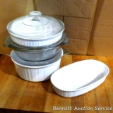 CorningWare French White casserole dishes - two with lids, plus a clear glass covered casserole