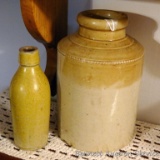 Glazed stoneware jar and bottle are both unmarked, glazed similarly. Jar is nearly 10
