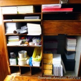 Office supplies including scotch tape & dispenser, note pads, index cards & boxes, push pins, more.
