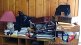 Office supplies including vintage wooden sorter, note pads, sticky notes, staples, stapler,