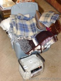 Tote full of throw pillows and blankets, plus a queen sized flannel sheet and pillow case. Sheets