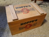 Hoppe's Powder Solvent wooden crate has box jointed corners, measures 16
