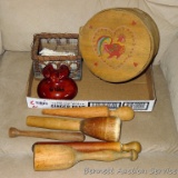Wooden mashers and reamers, well worn pestle; porcelain insulator is marked Lapp 1928; cheese box is
