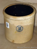 2 gallon salt glazed crock has nice blue marking and is in overall good condition with some damage