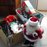 Quantity of Christmas decorations including animated Santa, dancing Douglas fir, music box, baskets,