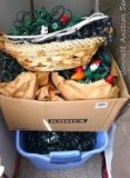21 gallon tote filled with assorted Christmas light strings, plus another box and basket full of
