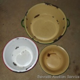 Vintage red/ white and green/ cream enameled basins. Larger is 5