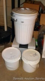 2 Sterilite bins with covers, file folder case, and 2 pails with lids. All look to be in good