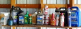 No shipping. Shelf of partial containers of oil, antifreeze, 2-cycle oil, air compressor oil,