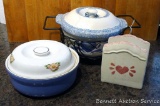 Ceramic covered serving dish with wire basket/trivet; other covered casserole, napkin holder,