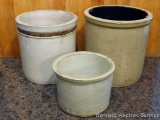 Three stoneware crocks. Western Stoneware piece stands 7-1/2