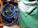 Extension cord, bungee straps, clothes pins, tarp.